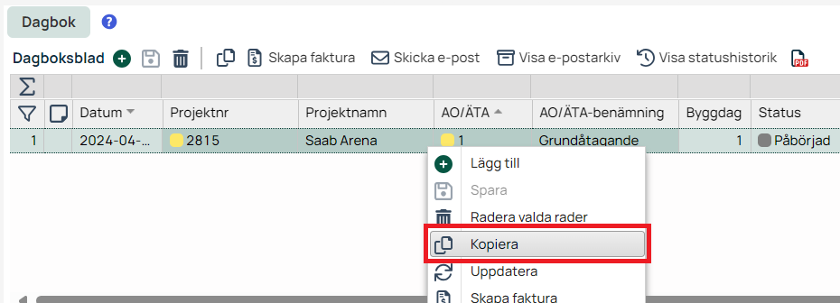 Dagboksblad med högerklicksmeny och Kopiera markerat