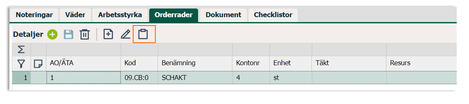 Orderrader-fane med detaljliste og verktøylinje