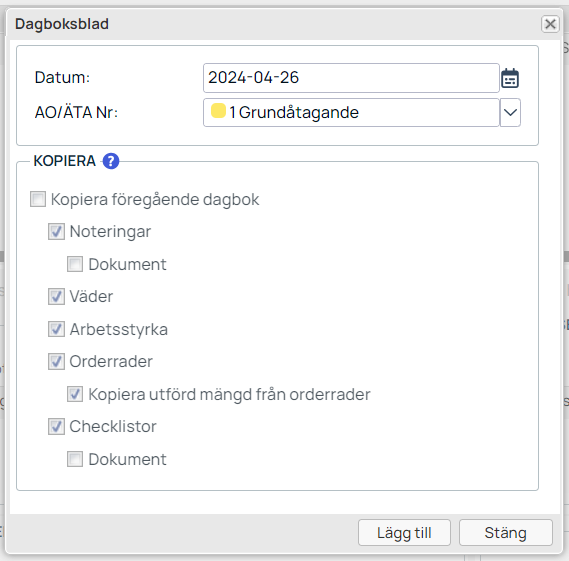 Dagboksblad dialog med kopieringsalternativ och datum