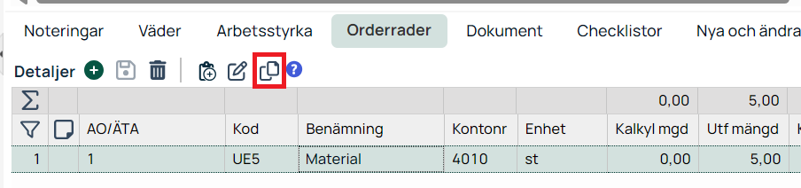 Orderrader-flik med kopiera-knapp markerad i rött
