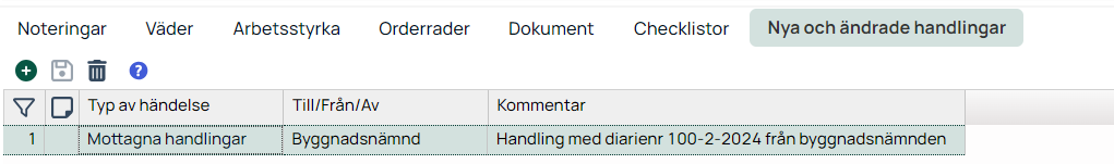 Fliken Nya och ändrade handlingar med händelselista