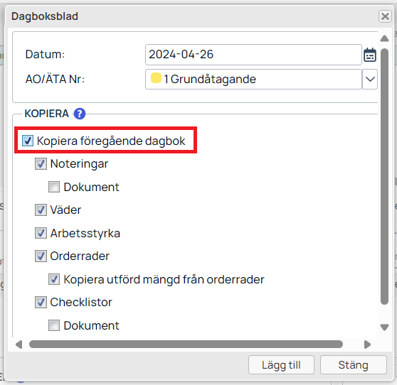 Dagboksblad dialog med kopieringsalternativ markerade