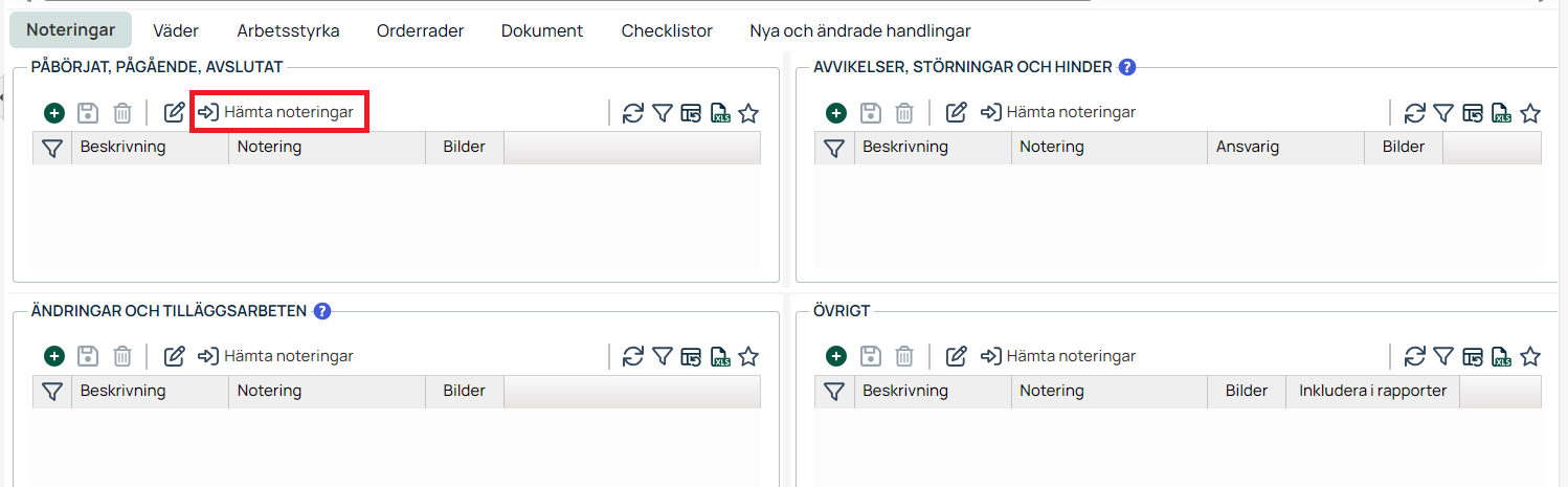 Noteringar-fliken med fyra noteringskategorier och Hämta noteringar markerad