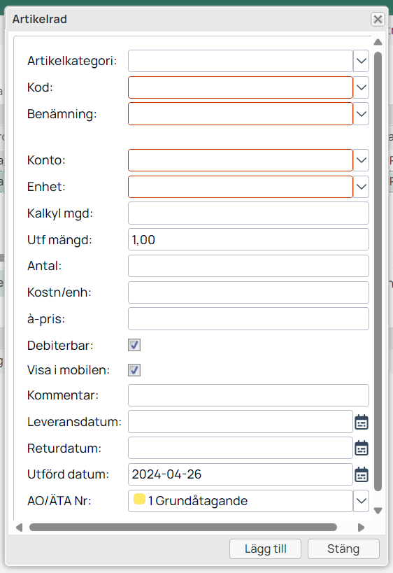 Dialog för att lägga till artikelrad i affärssystem