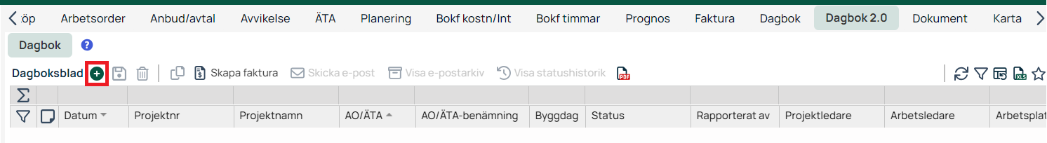 Dagbok 2.0 — tom dagboksblad med kolumnrubriker