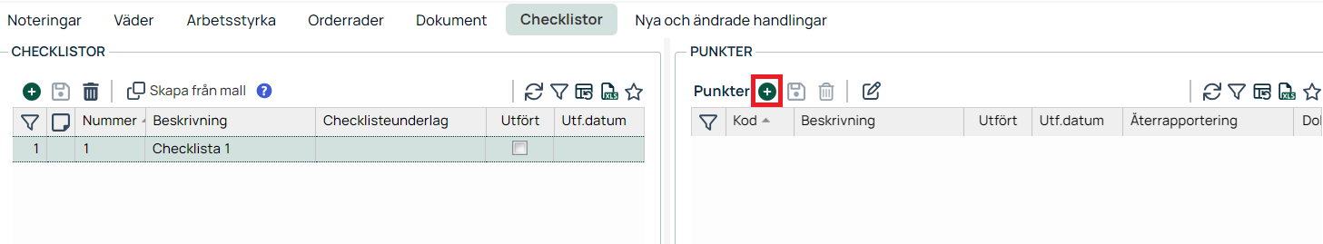 Checklistor-fliken med checklistor och punkter-paneler