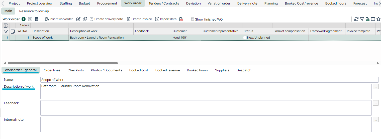 Project Work Order — General tab view