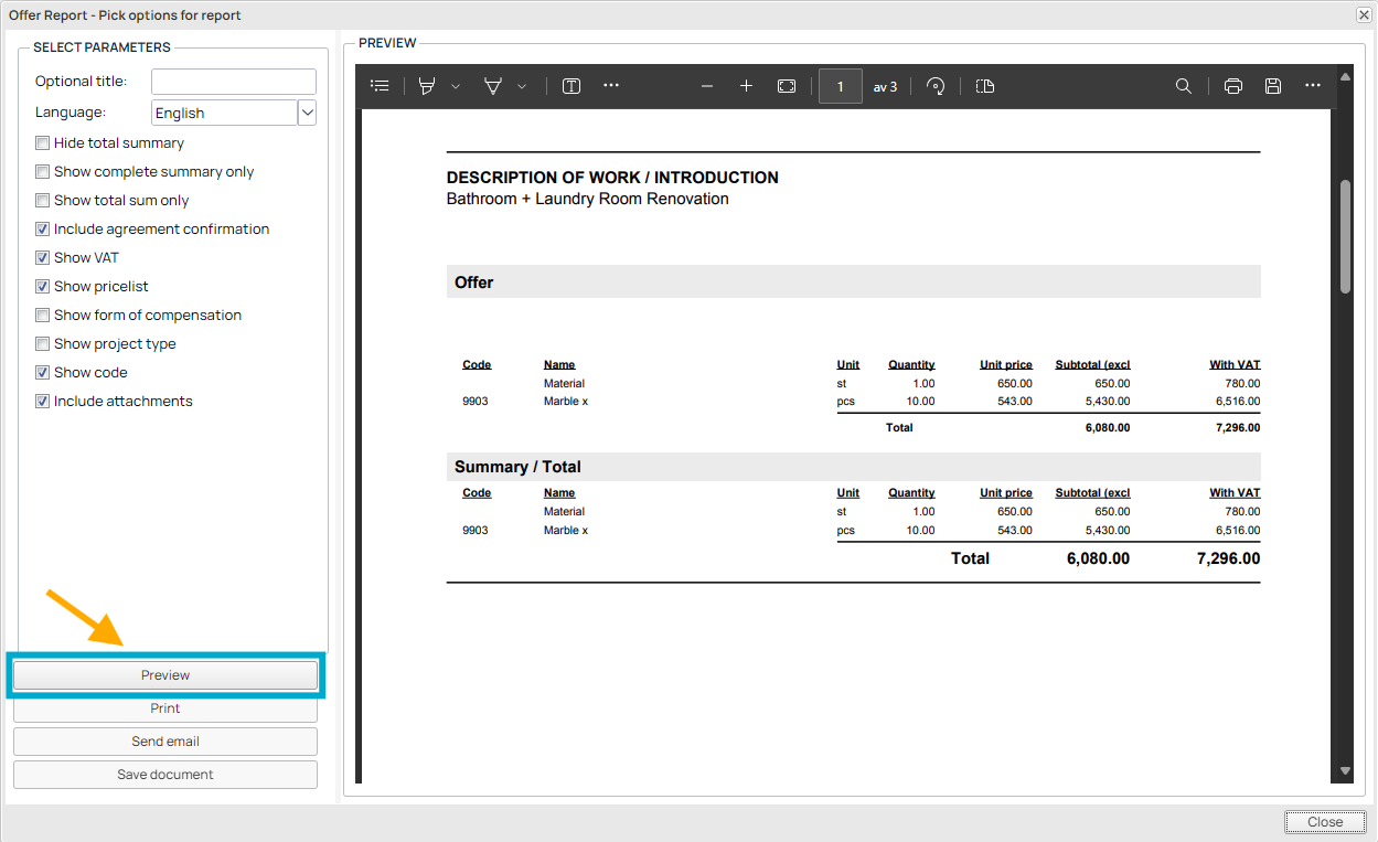Offer Report — Pick options and preview dialog