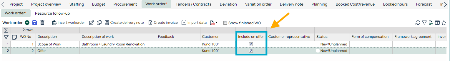 Work Order list with Include on Offer column highlighted