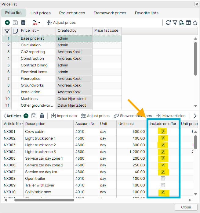 Price List — Articles with Include on Offer column highlighted
