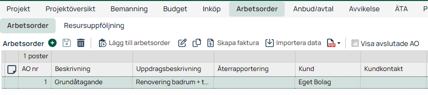 Arbetsorder-lista i projektmodul med en post