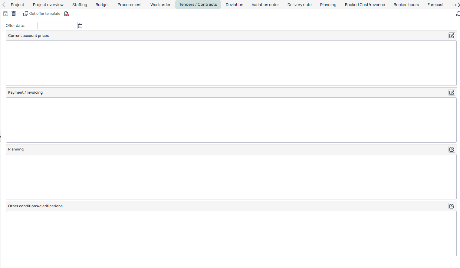 Project Tenders/Contracts tab with empty sections