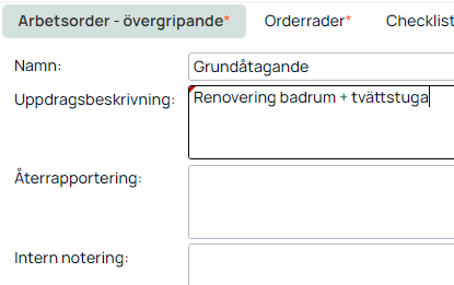Arbetsorder övergripande — flik med uppdragsbeskrivning