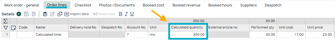 Order Lines tab — Calculated Quantity column highlighted