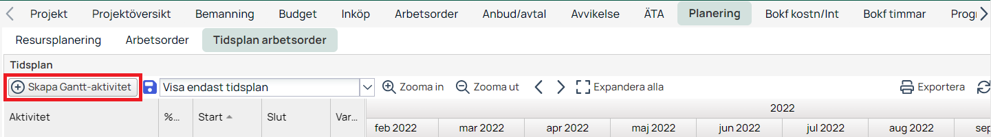 Tidsplan arbetsorder — Gantt-schema med aktivitetslista