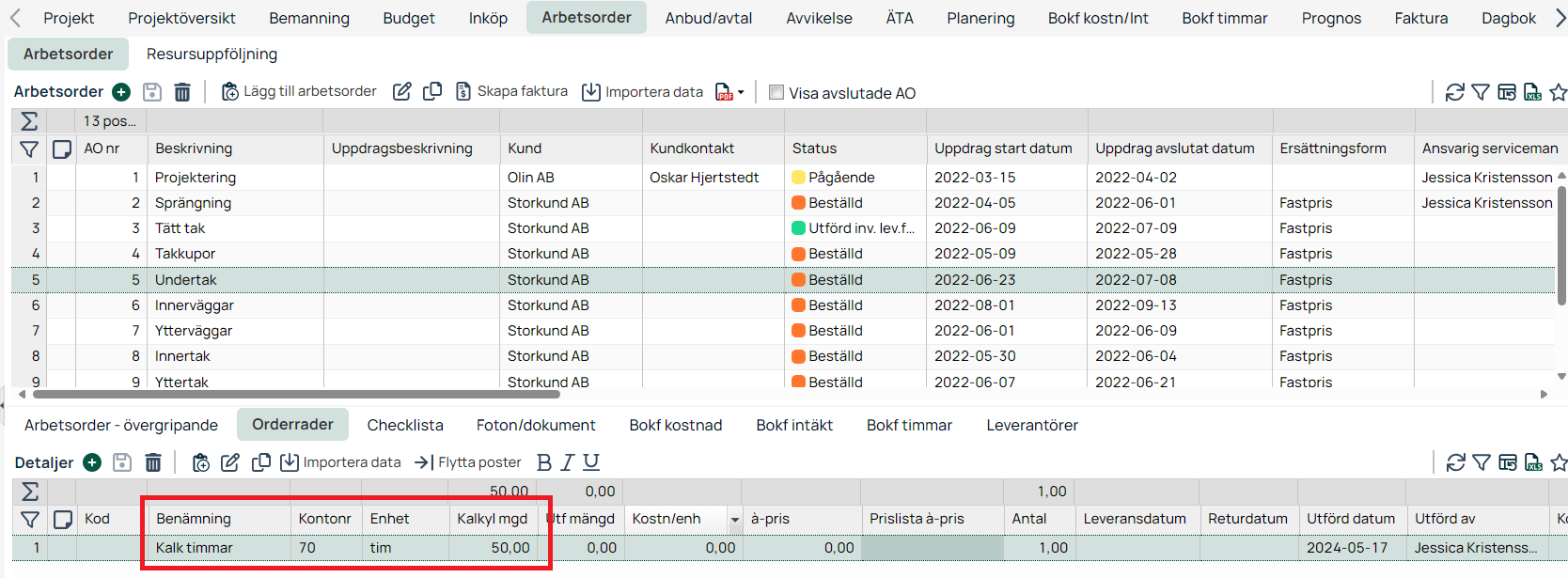 Arbetsorder — orderrader med markerad kalkyleringsrad