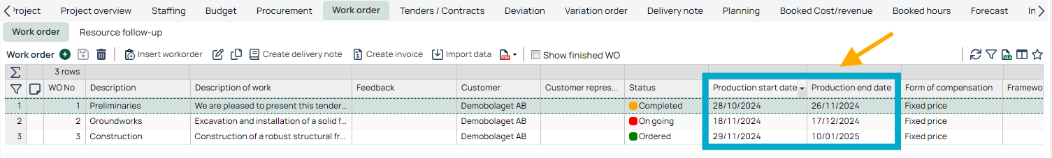 Work Order list with production date columns highlighted