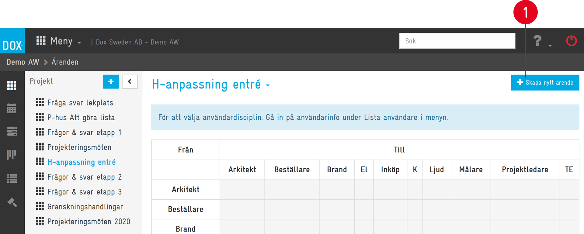Ärendevy med disciplinmatris och knappen Skapa nytt ärende
