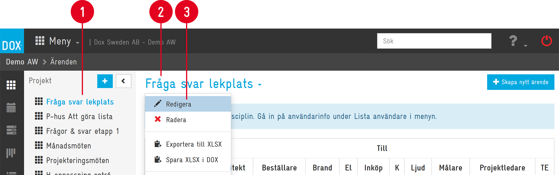 Aceve — Ärenden project list with dropdown menu