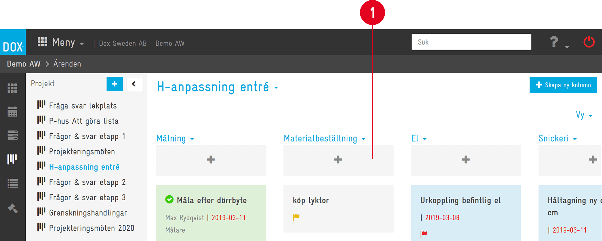 Ärendehantering — Kanban-vy för projekt med kolumner