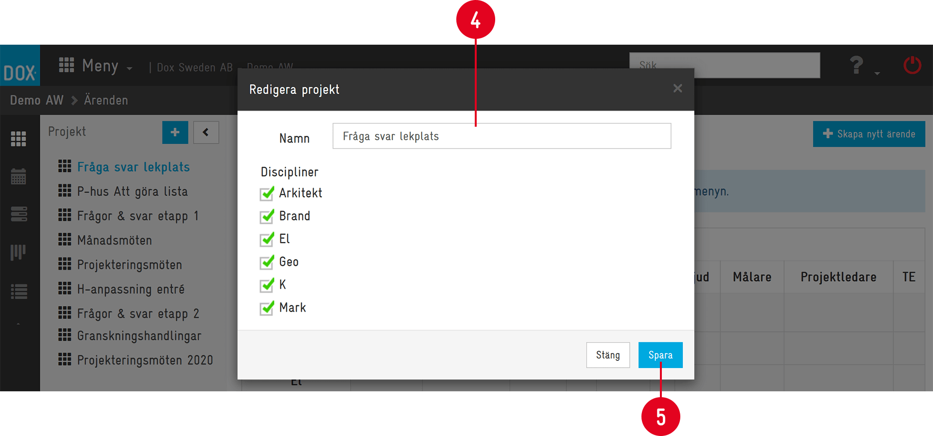 Dialog för att redigera projekt med namn och discipliner