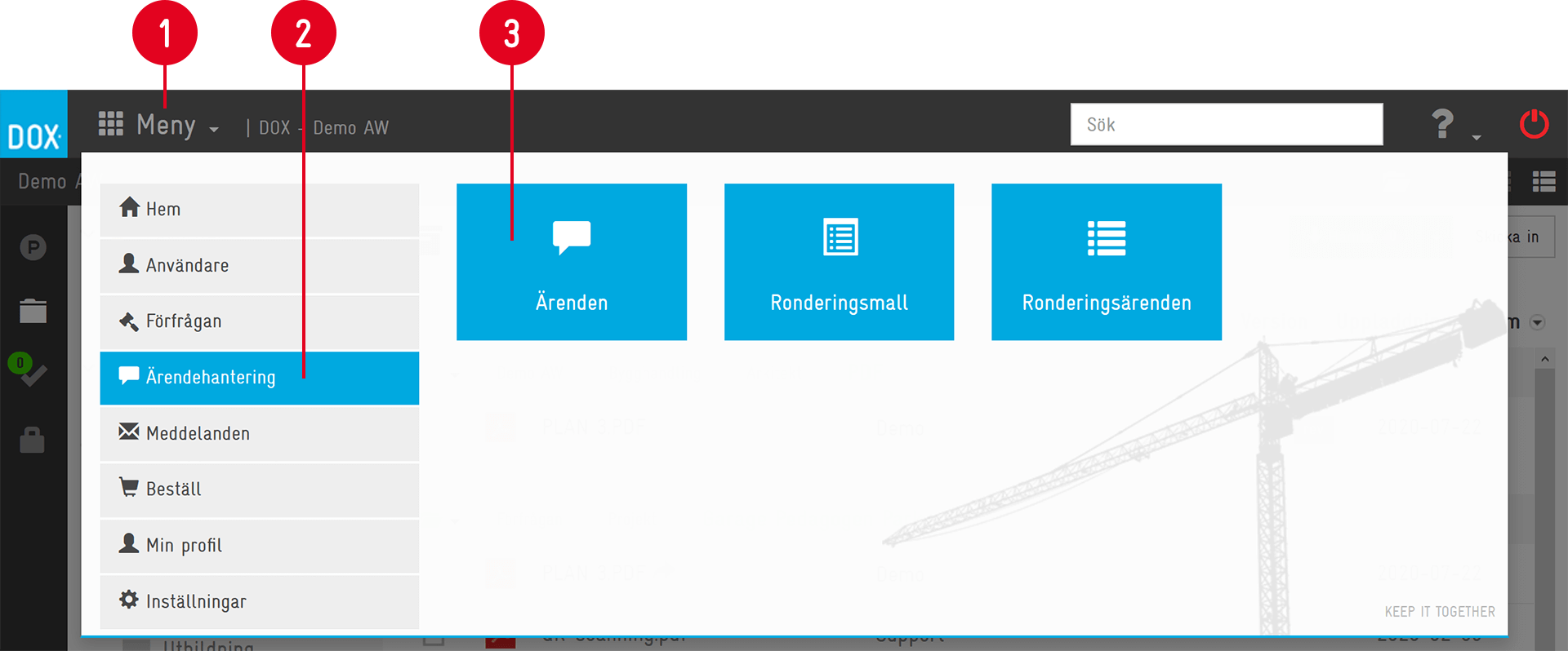 Aceve — Ärendehantering menu with sub-module tiles