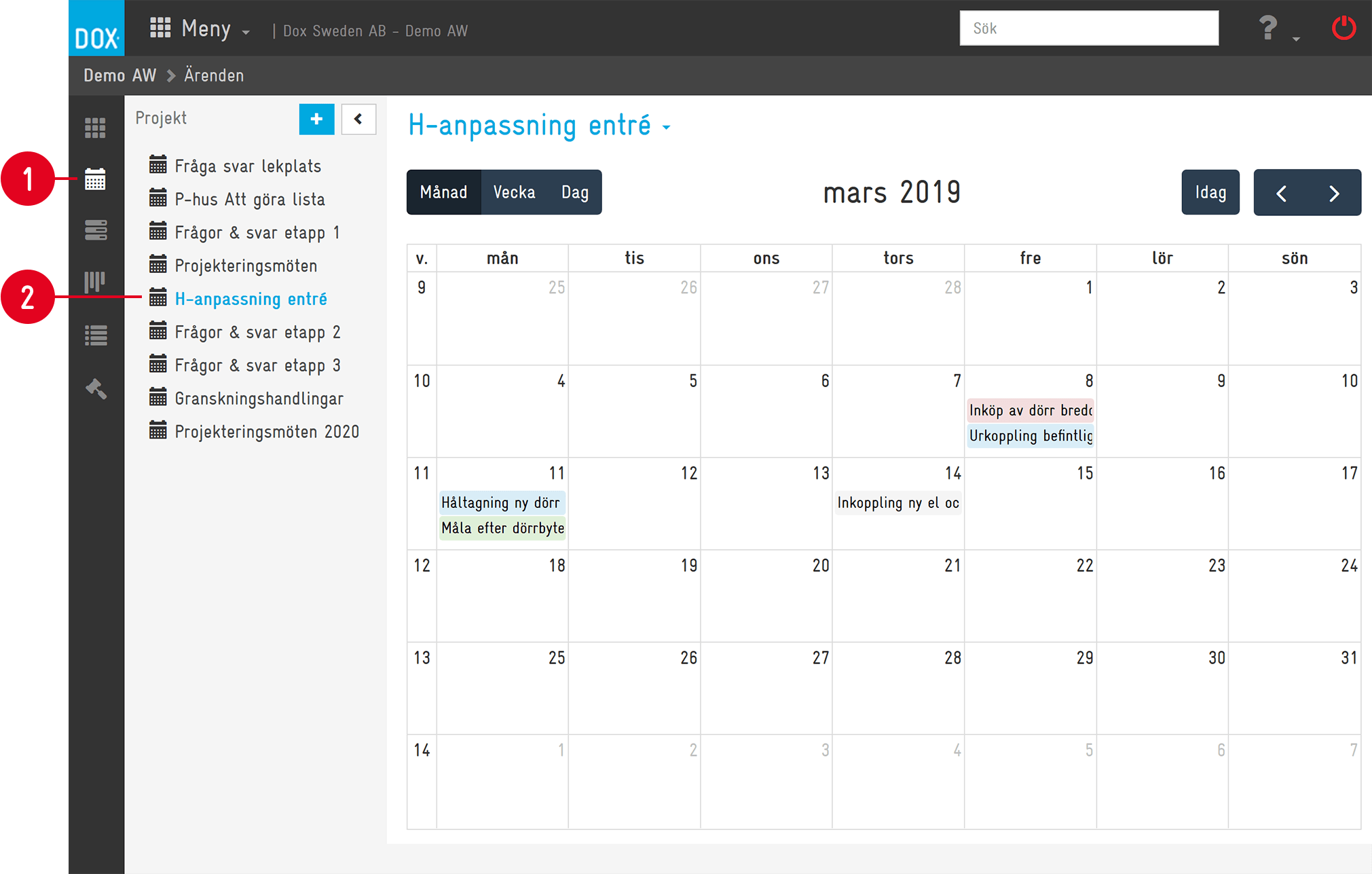 Project calendar monthly view for selected case