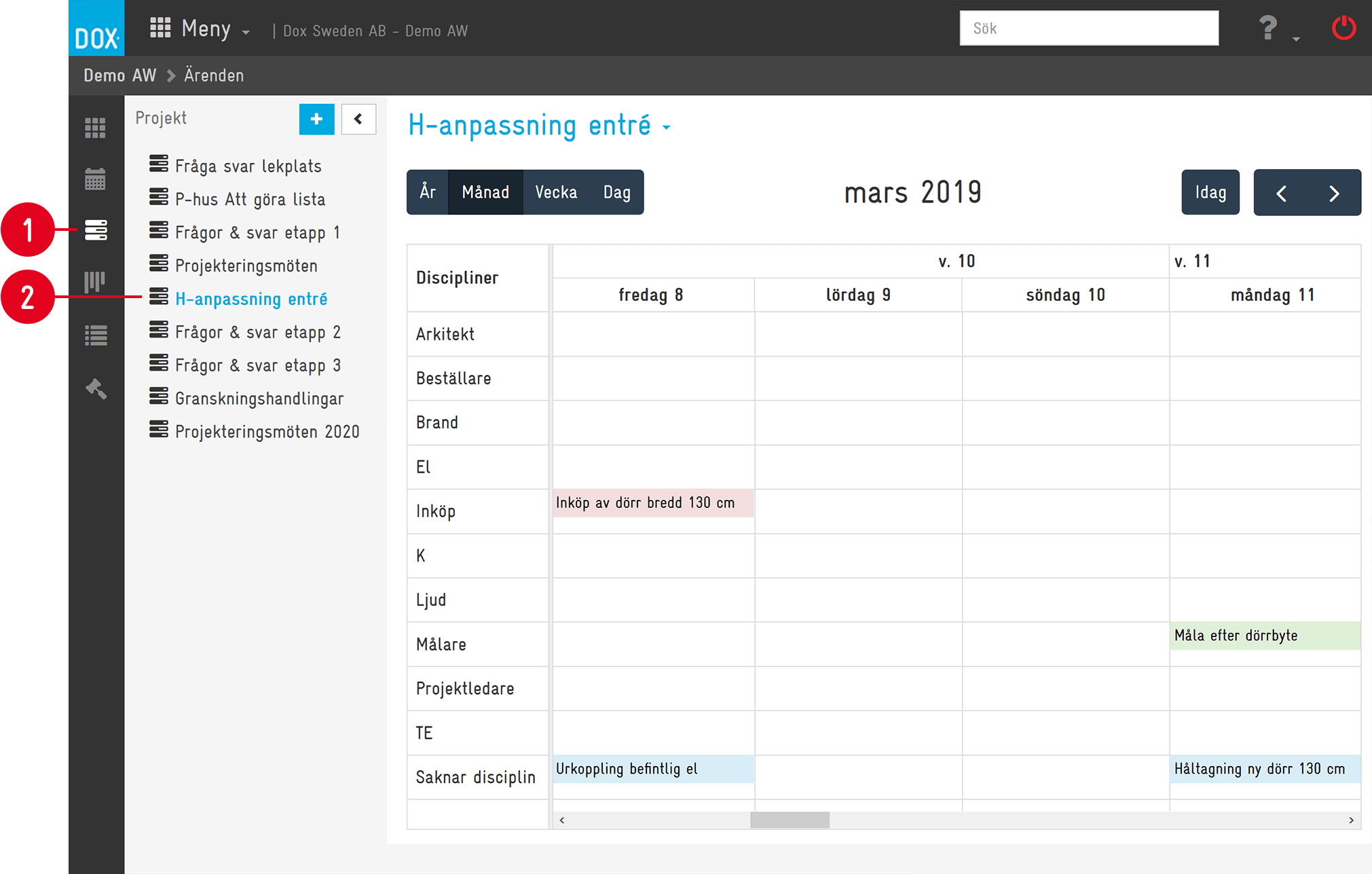 Ärendekalender per disciplin, veckovy i projektmodul