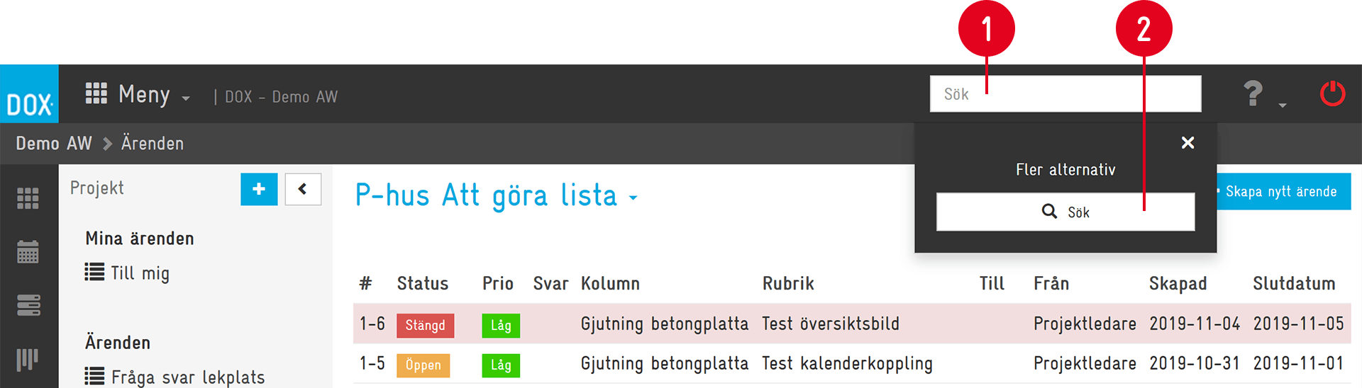 DOX Ärenden — Search dropdown with advanced options