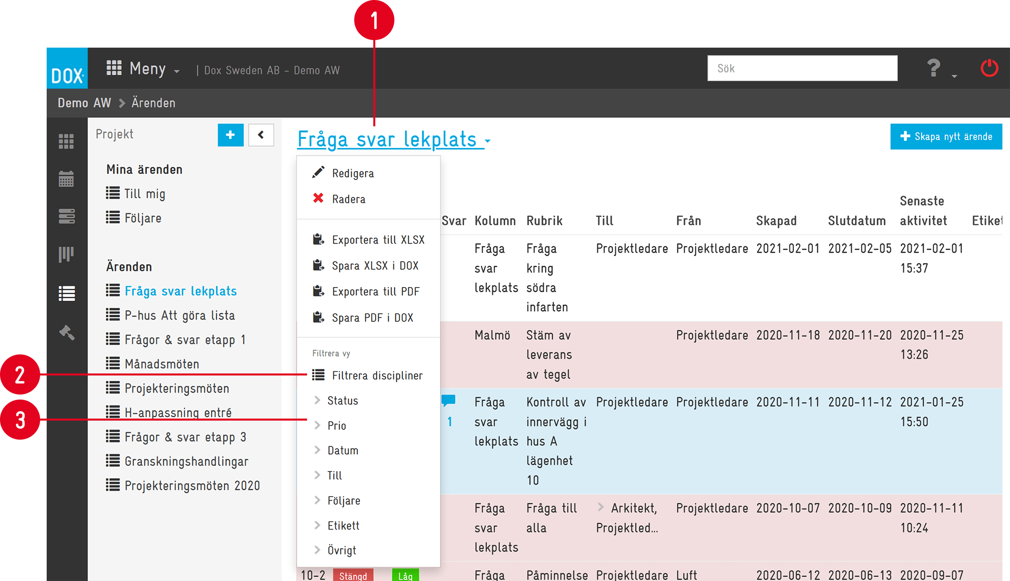 Ärenden — kontextmeny med redigera, radera och exportalternativ