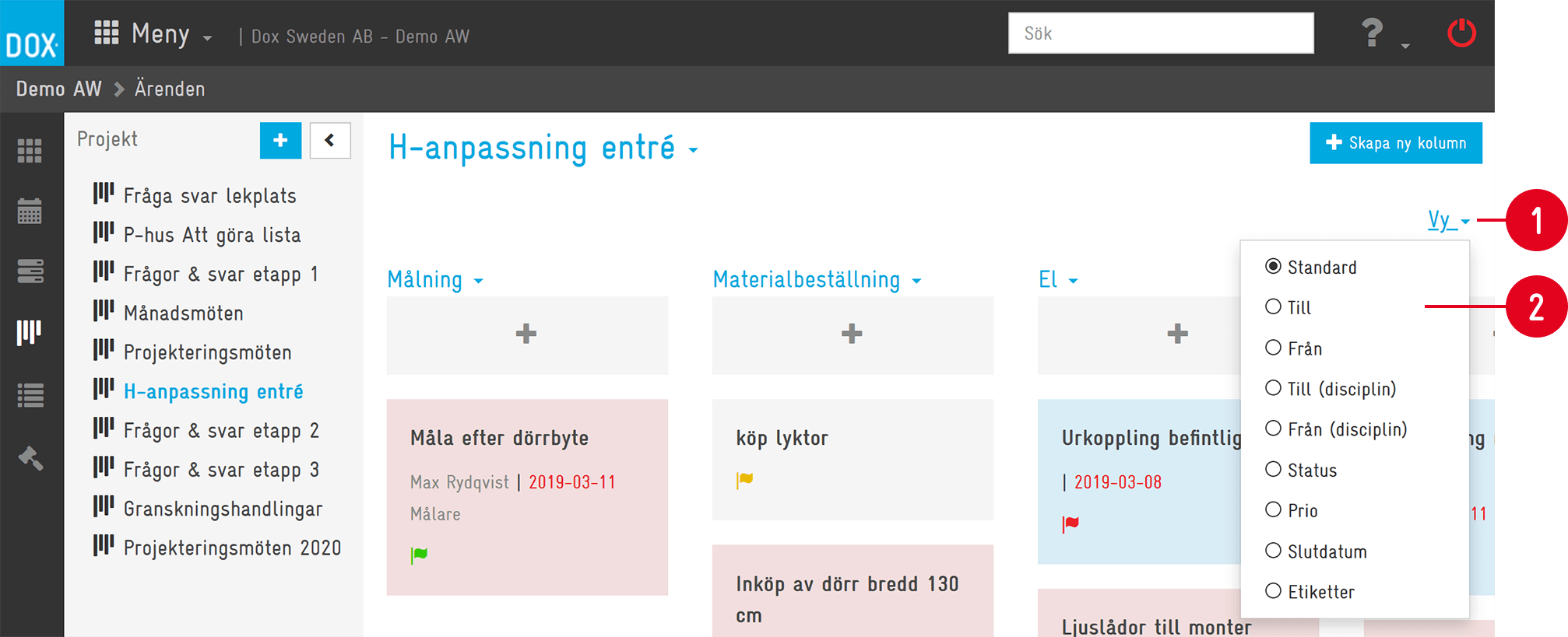 Aceve — Kanban board view options dropdown open