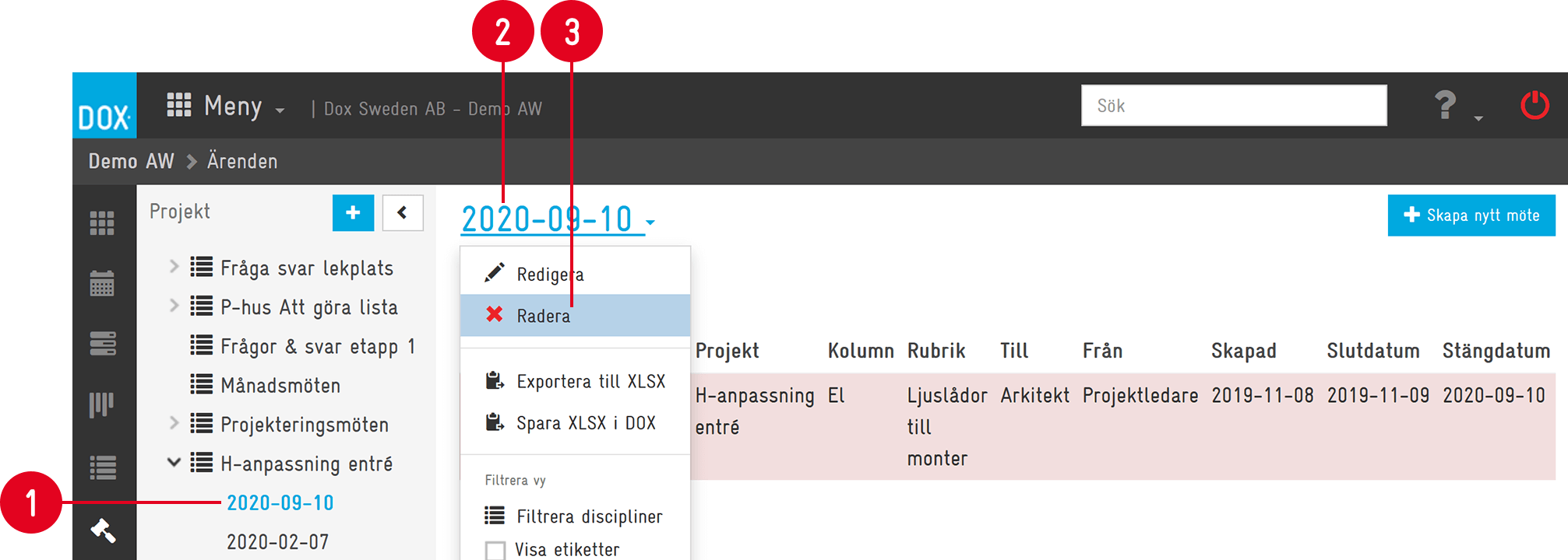 DOX Ärenden — meeting context menu with delete option