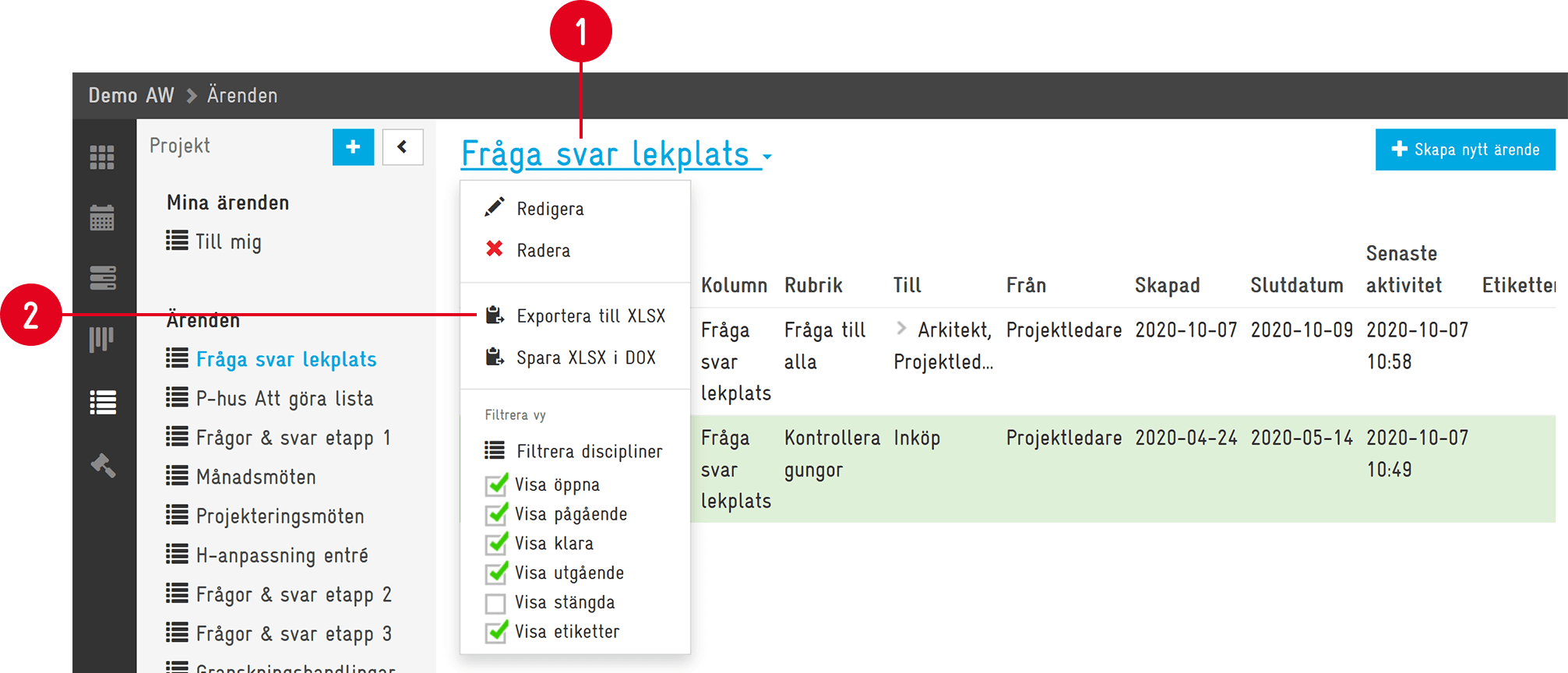 Aceve — Ärenden list dropdown menu open