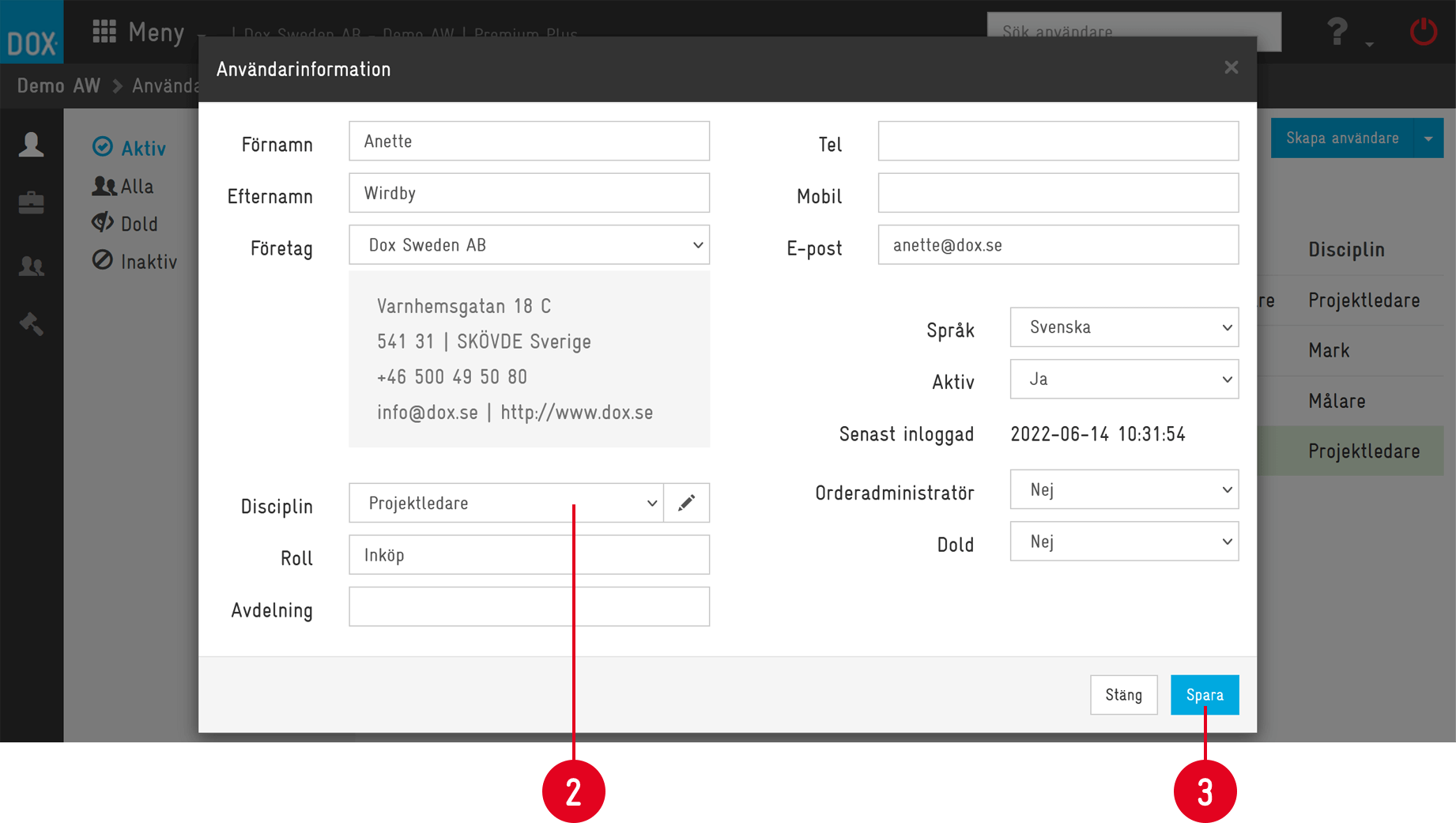 Aceve — User Information dialog with edit fields
