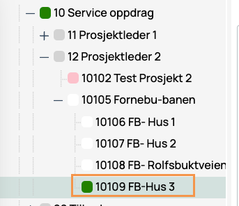 Prosjekttre med valgt underprosjekt markert med oransje ramme