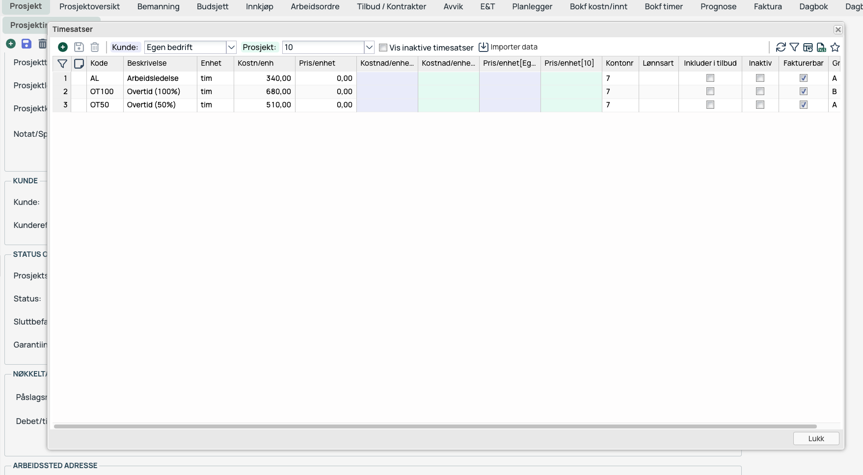 Timesatser-dialog med liste over timesatser for prosjekt