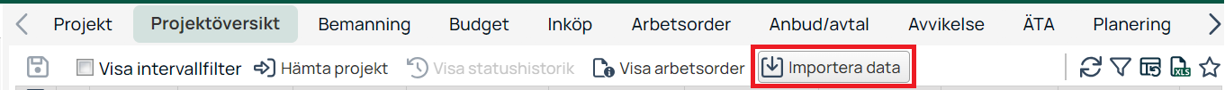 Projektöversikt — Importera data-knappen markerad i rött