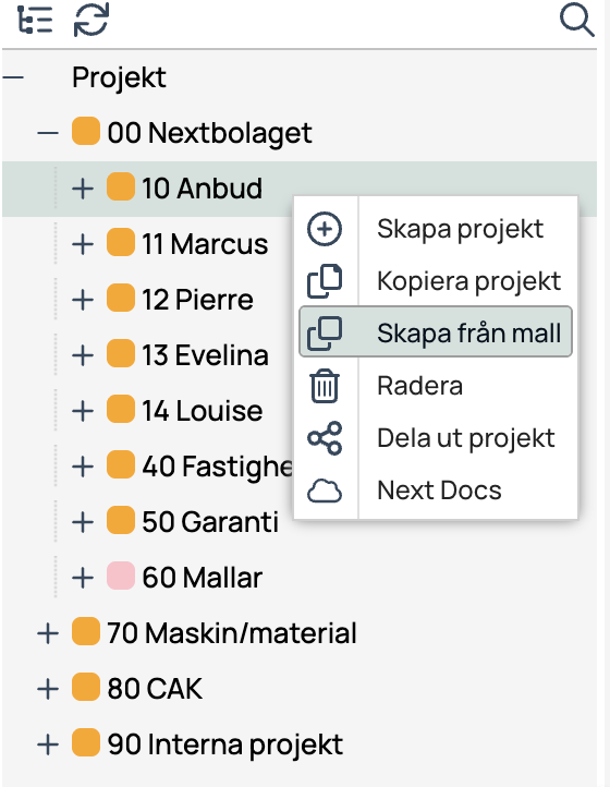 Projektträd med snabbmeny för projektalternativ