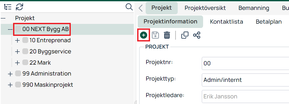 Projektinformation — projektlista med underliggande projekt