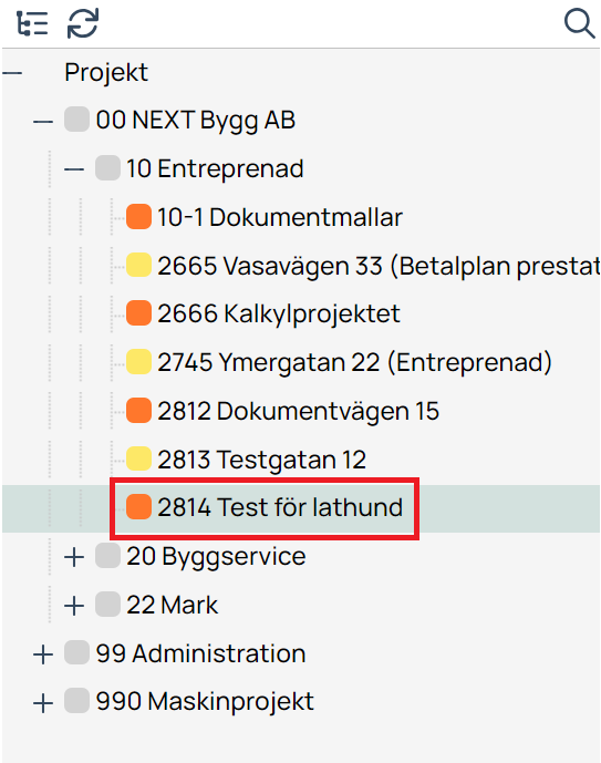 Projektträd med markerat projekt i affärssystem