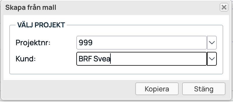 Dialog för att skapa projekt från mall