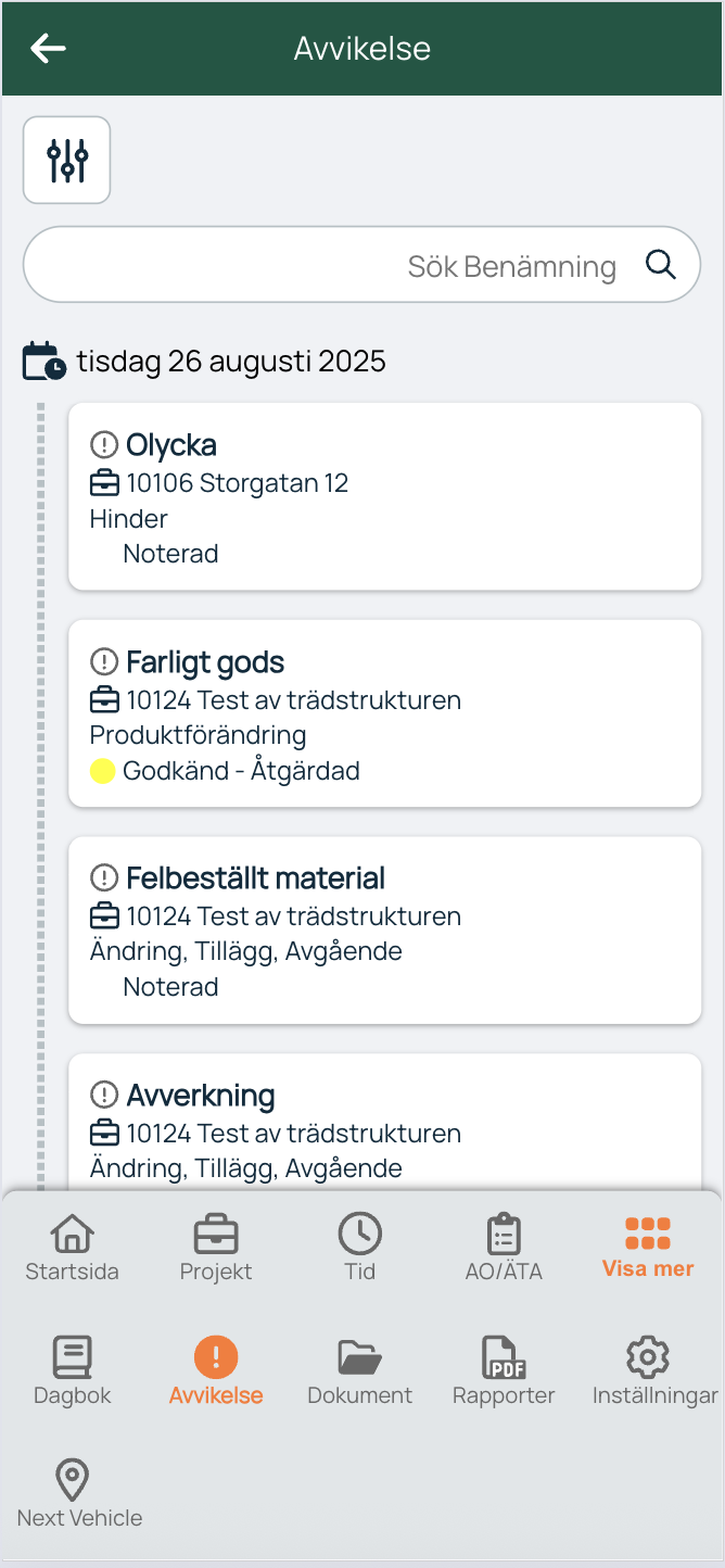 Avvikelse-liste med datofilter i mobilapp