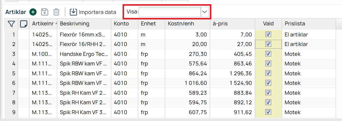 Artikkelliste med prisliste, konto og enhetskostnad