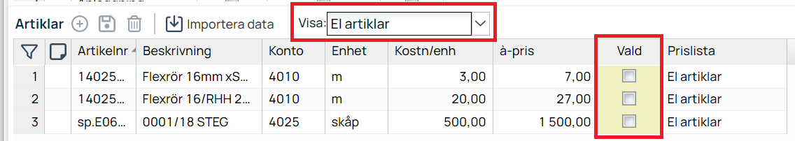 Artikkelliste filtrert på prisliste med Vald-kolonne