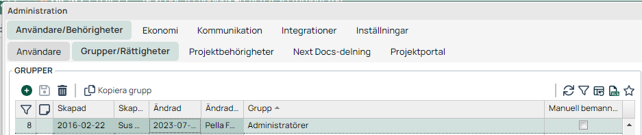 Administration — Grupper/Rättigheter med grupplista