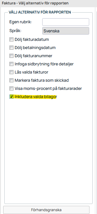 Faktura — Välj alternativ för rapporten dialog