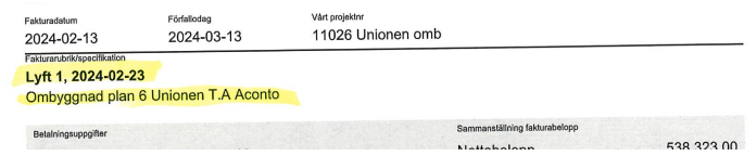 Fakturavy med fakturadatum, förfallodag och projektnummer