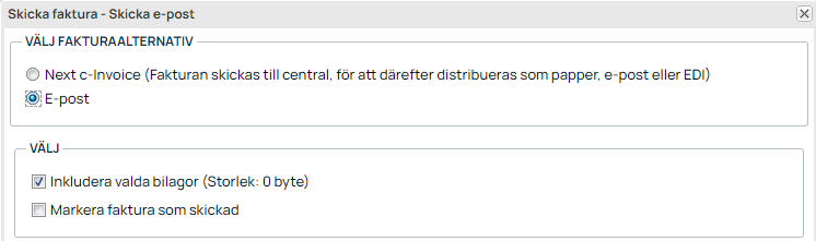 Skicka faktura via e-post — välj fakturaalternativ