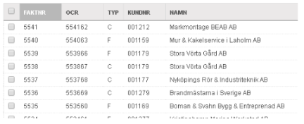 Fakturalista med fakturanummer, OCR, typ och kundinfo