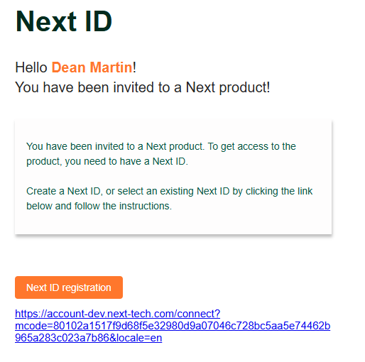 Next ID — invitasjon til å registrere konto via e-post